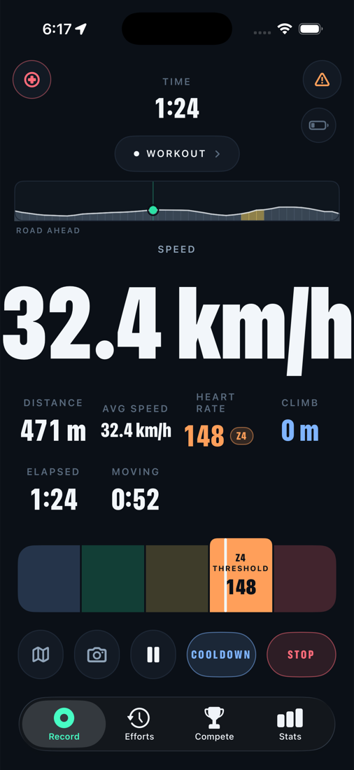 Sykla recording a ride: 32.4 km/h, 471 m covered, heart rate 148 in zone 4, with the road ahead profiled above the speed.